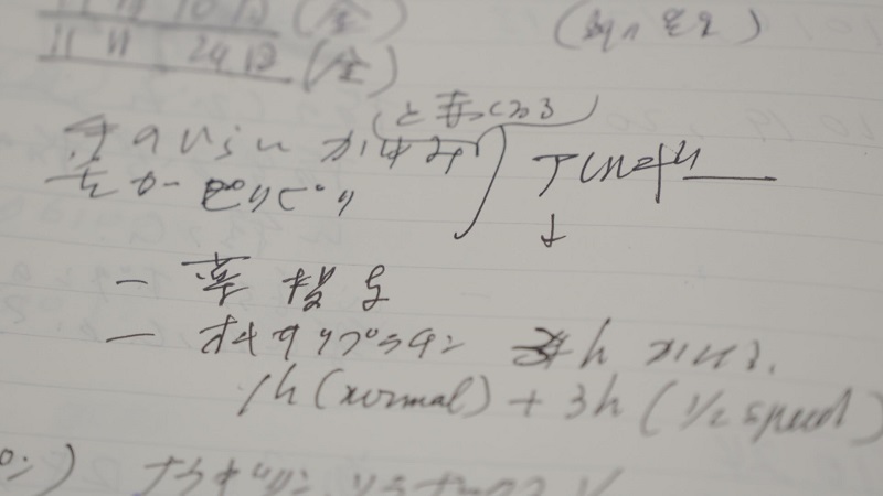 白いノートに手書きの文字