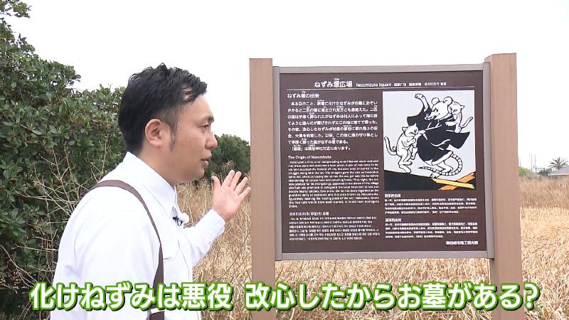 説明板の前で話すにむらリポーター「化けねずみは悪役だったが改心によってお墓ができた」