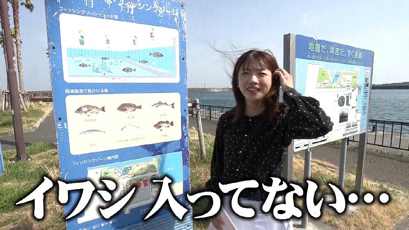 焼津漁港で見られる坂の看板前に立つ大森アナ「イワシが入っていない」