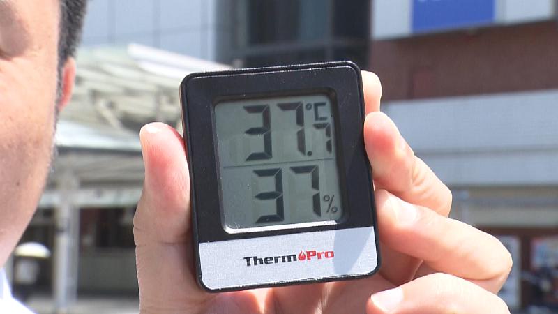 37℃を指す手元の温度計