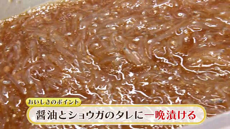 生シラス漬けは、しょうゆとショウガのタレに一晩漬ける