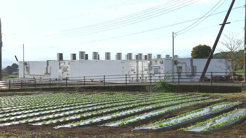 畑越しに見える白いコンテナ