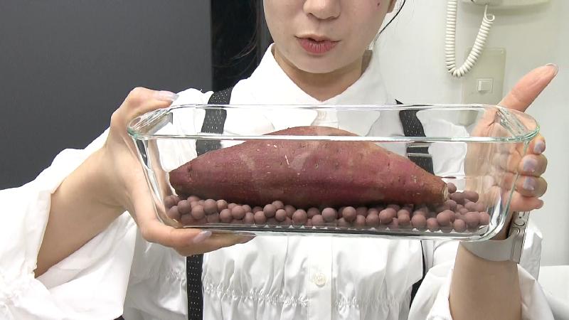 サツマイモを乗せた「イシガキ デリッシュライフ 耐熱ガラス 焼きいもポット」