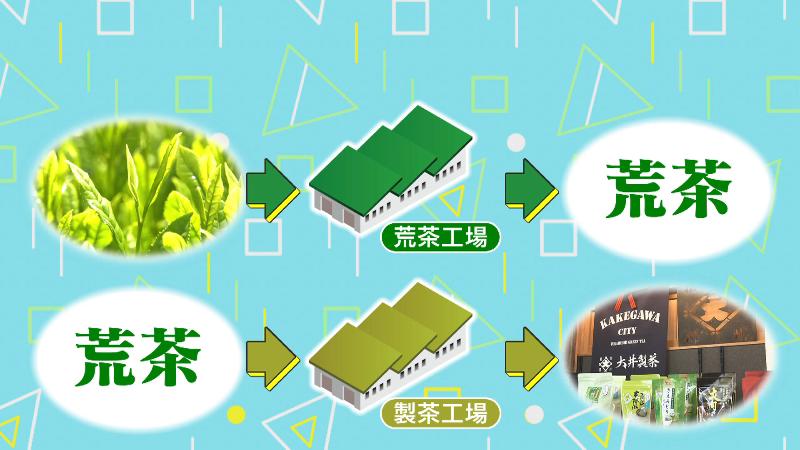 生の茶葉を荒茶にする荒茶工場と、その荒茶を製品にする製茶工場の図