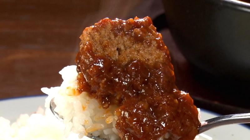 ごはんに乗せた煮込みハンバーグ