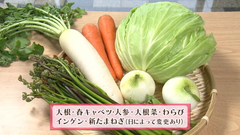 ダイコン・春キャベツ・ニンジン・大根菜・ワラビ・インゲンなど