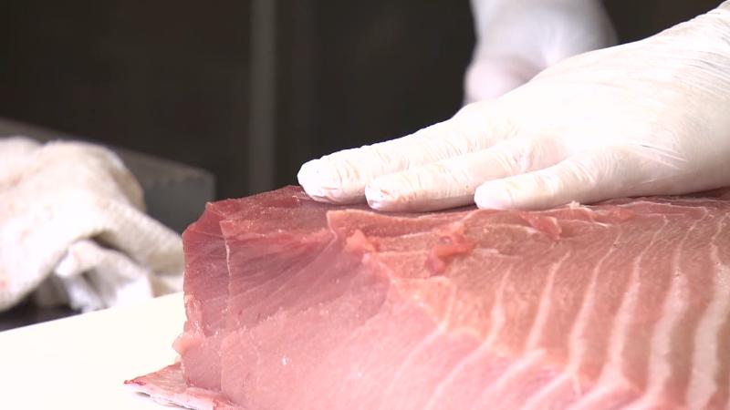 調理風景　マグロを切る