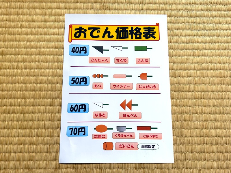 絵で描かれてわかりやすいおでんの価格表